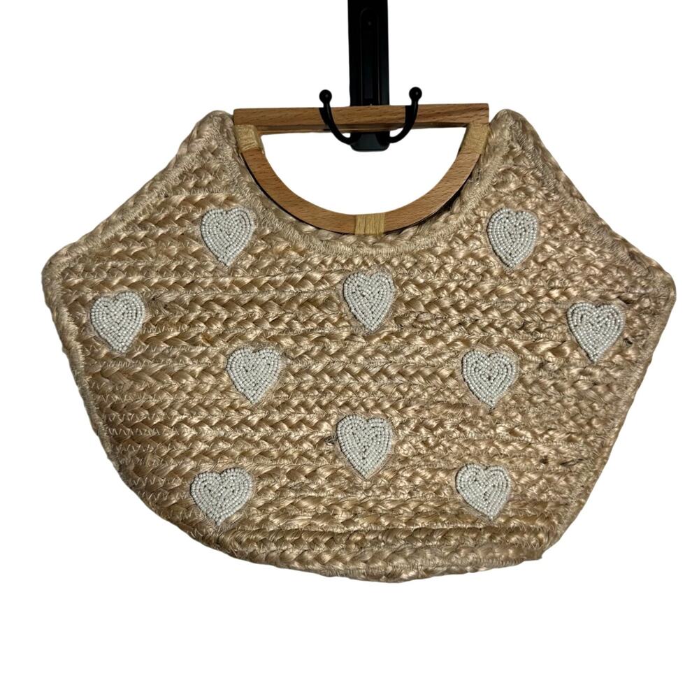 Shiraleah Natural Jute Straw Tote‎ Coastal Vacation Beaded White Heart Details